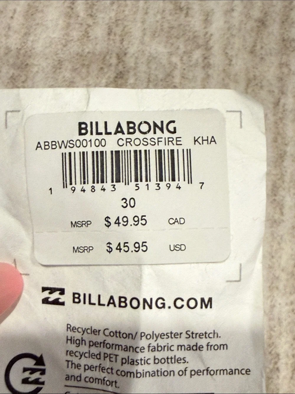 NWT Billabong Men's khaki crossfire submersible Performance Shorts. Size 30 mens